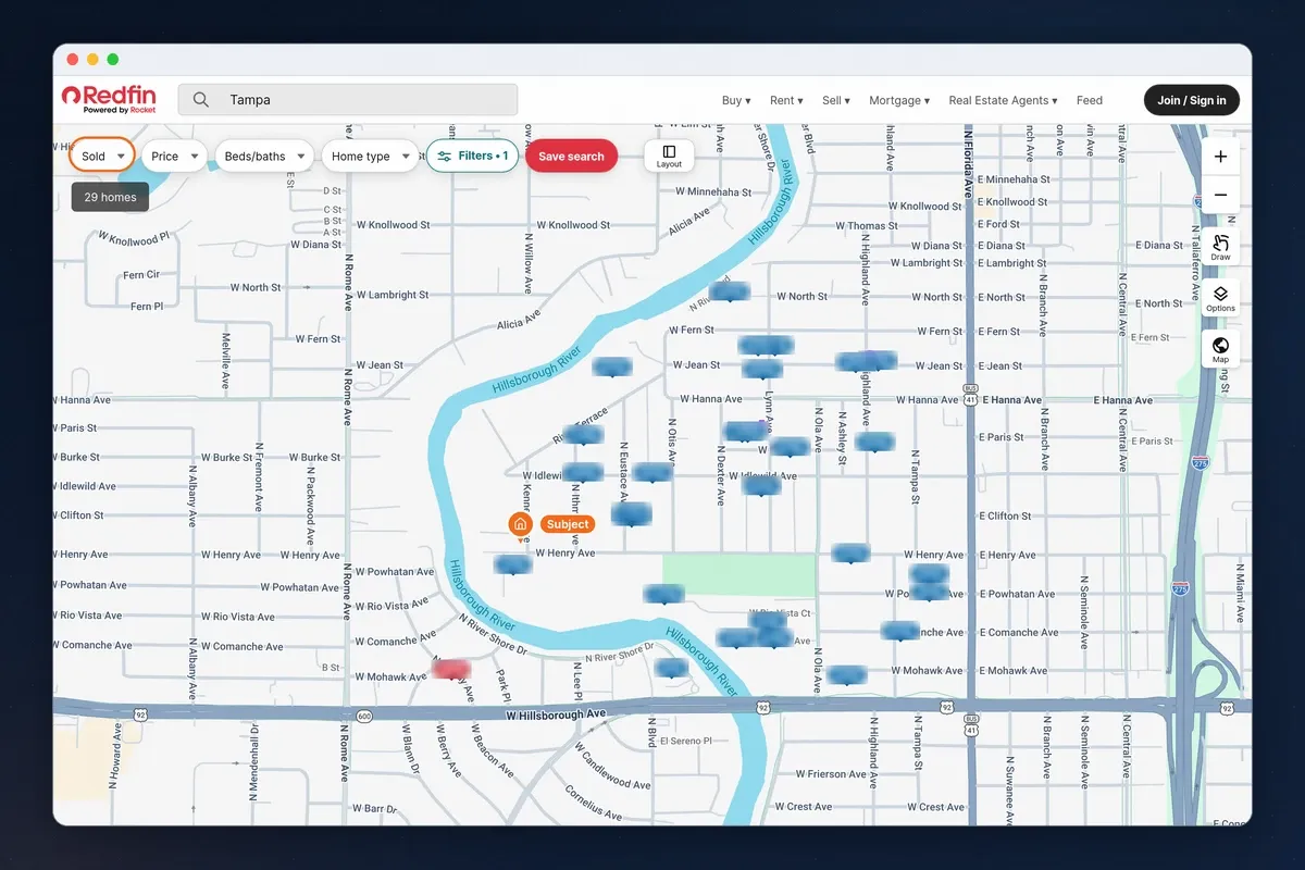 Listing-site map switched to sold homes around a subject property