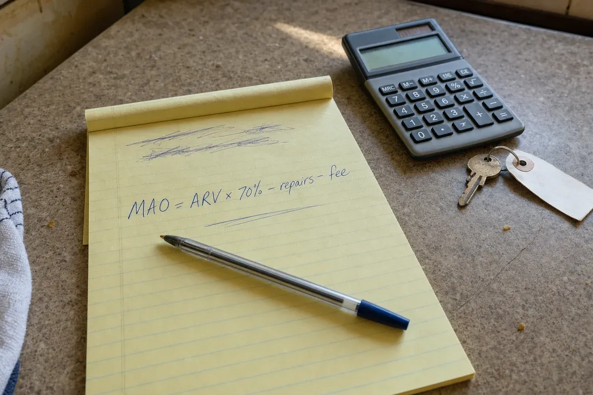 Notepad with the MAO formula written out next to a calculator and house keys