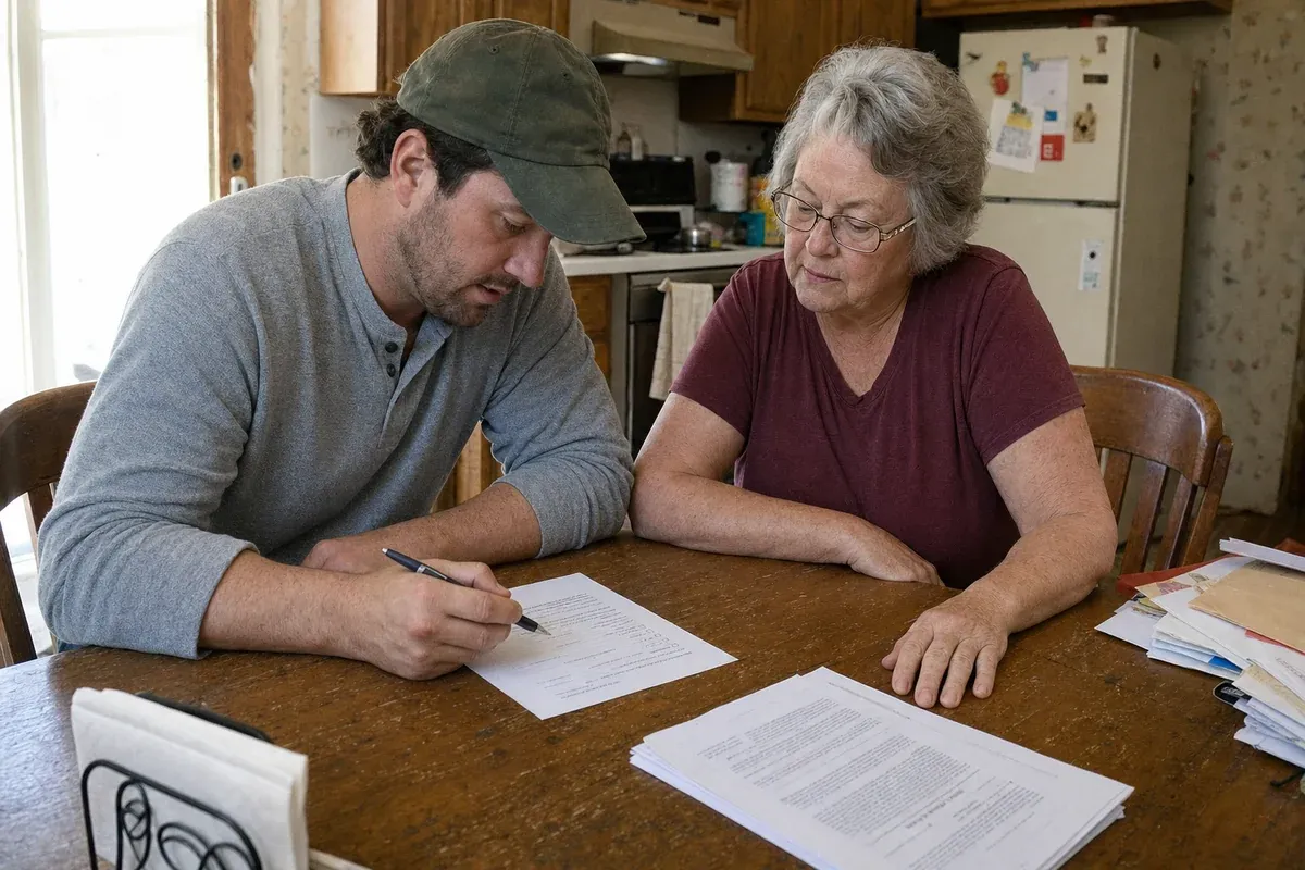 Wholesaler and homeowner at a kitchen table going over a one-page repair list