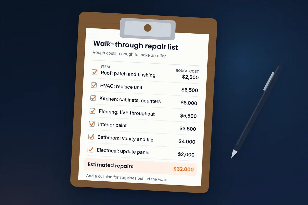 Walk-through repair list on a clipboard with rough costs next to each item