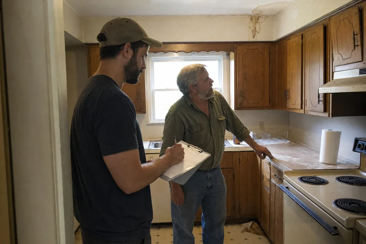 Wholesaler and seller walking a dated kitchen while the wholesaler writes on a repair list