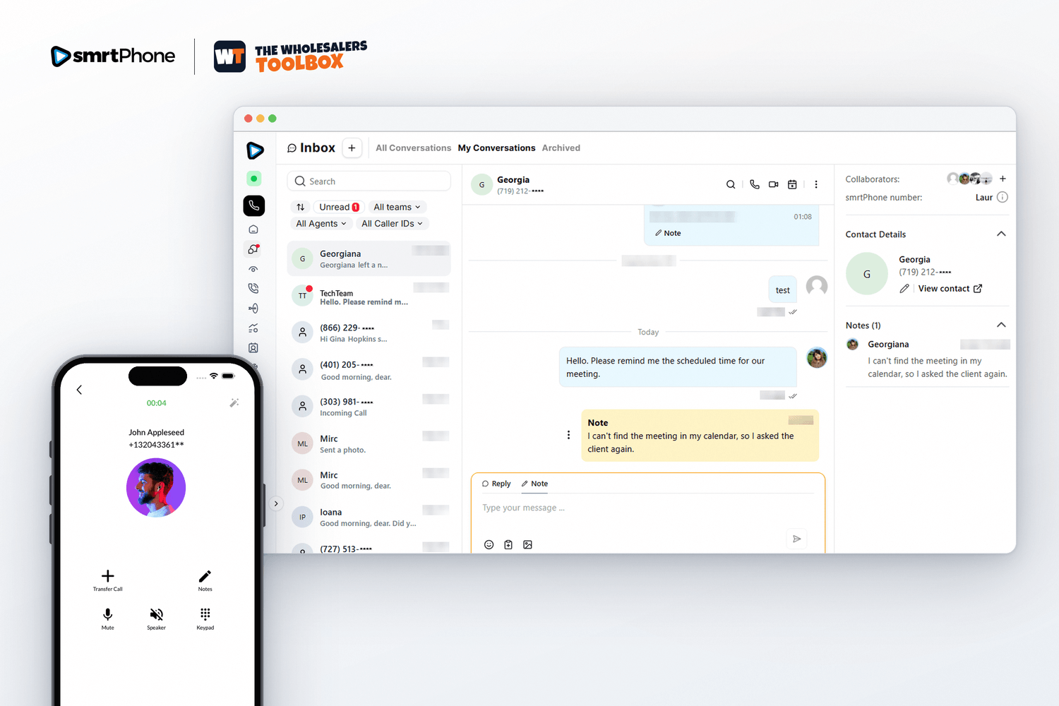 smrtPhone web app showing a seller conversation with calls and texts in one thread