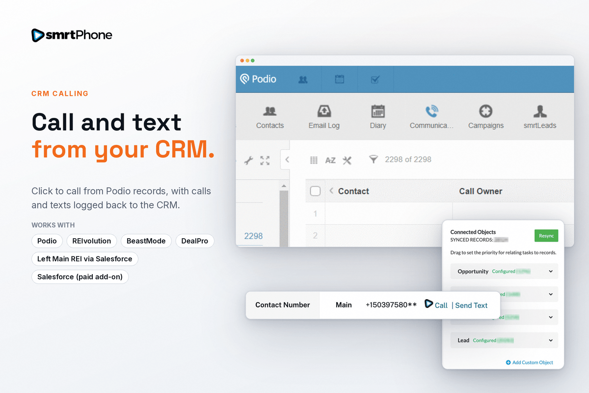 smrtPhone click-to-call and text panel inside a real estate CRM record