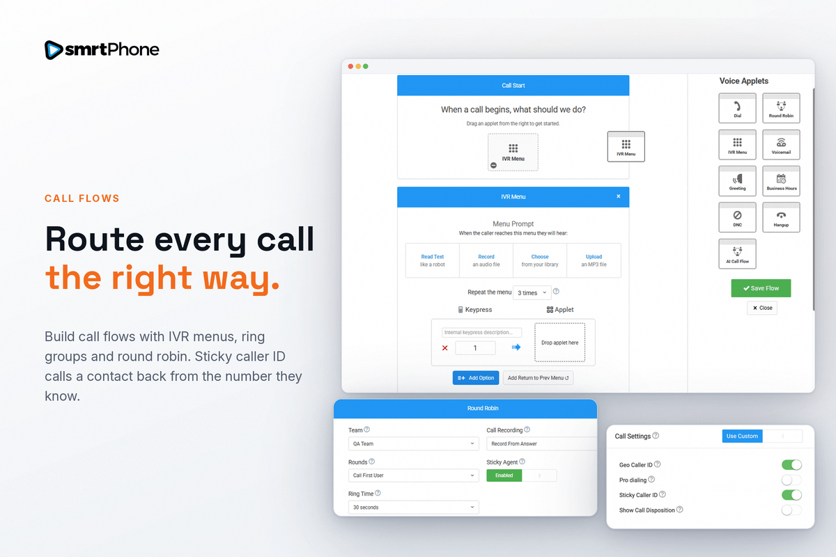 smrtPhone call flow builder routing inbound seller calls to a ring group