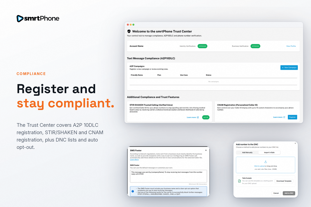 smrtPhone trust center with business verification and caller ID settings