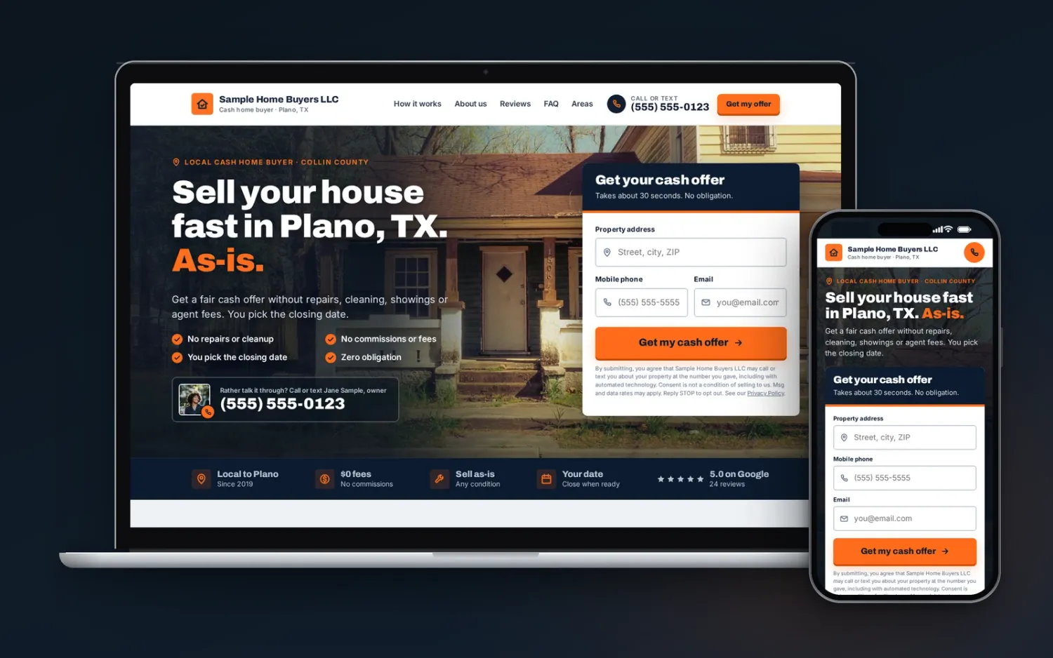 Sample motivated seller website for a made-up Plano, TX company, shown on a laptop and a phone