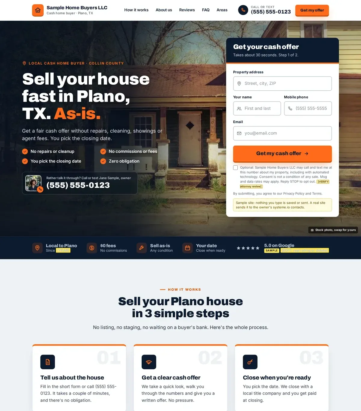 Desktop screenshot of the Sy sample site for a Plano, Texas cash home buyer