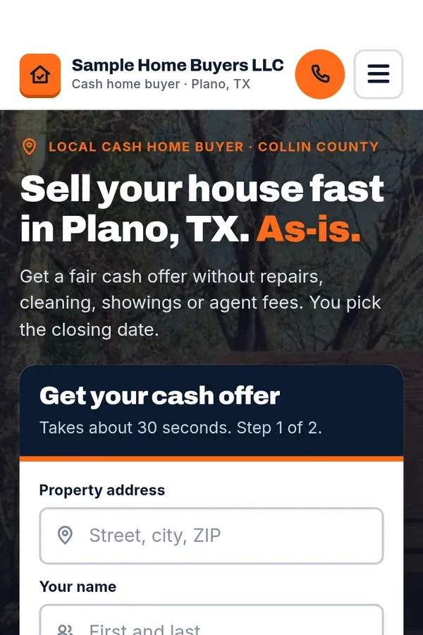 Phone screenshot of the Sy sample site for a made-up Plano, Texas cash home buyer