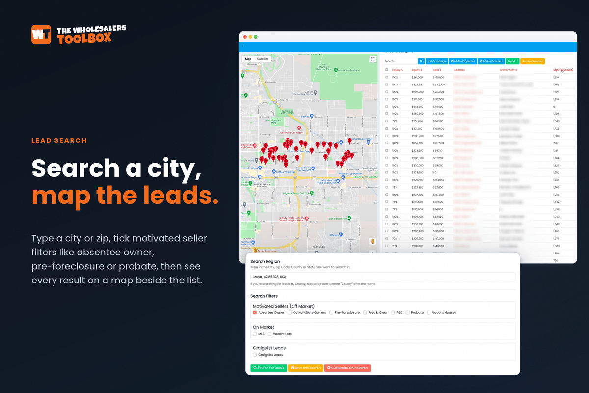 Flipster lead search screen with motivated seller filters, a property list and a map of results