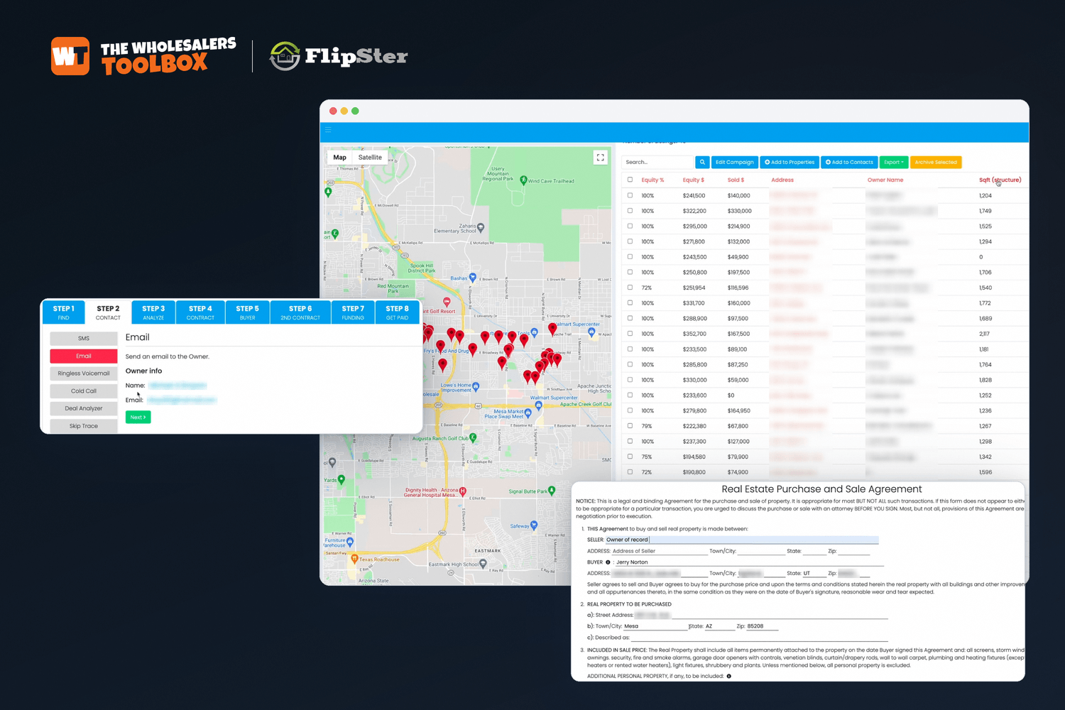 Flipster dashboard showing a motivated seller lead search on a map beside an offer ready to send and a deal workflow