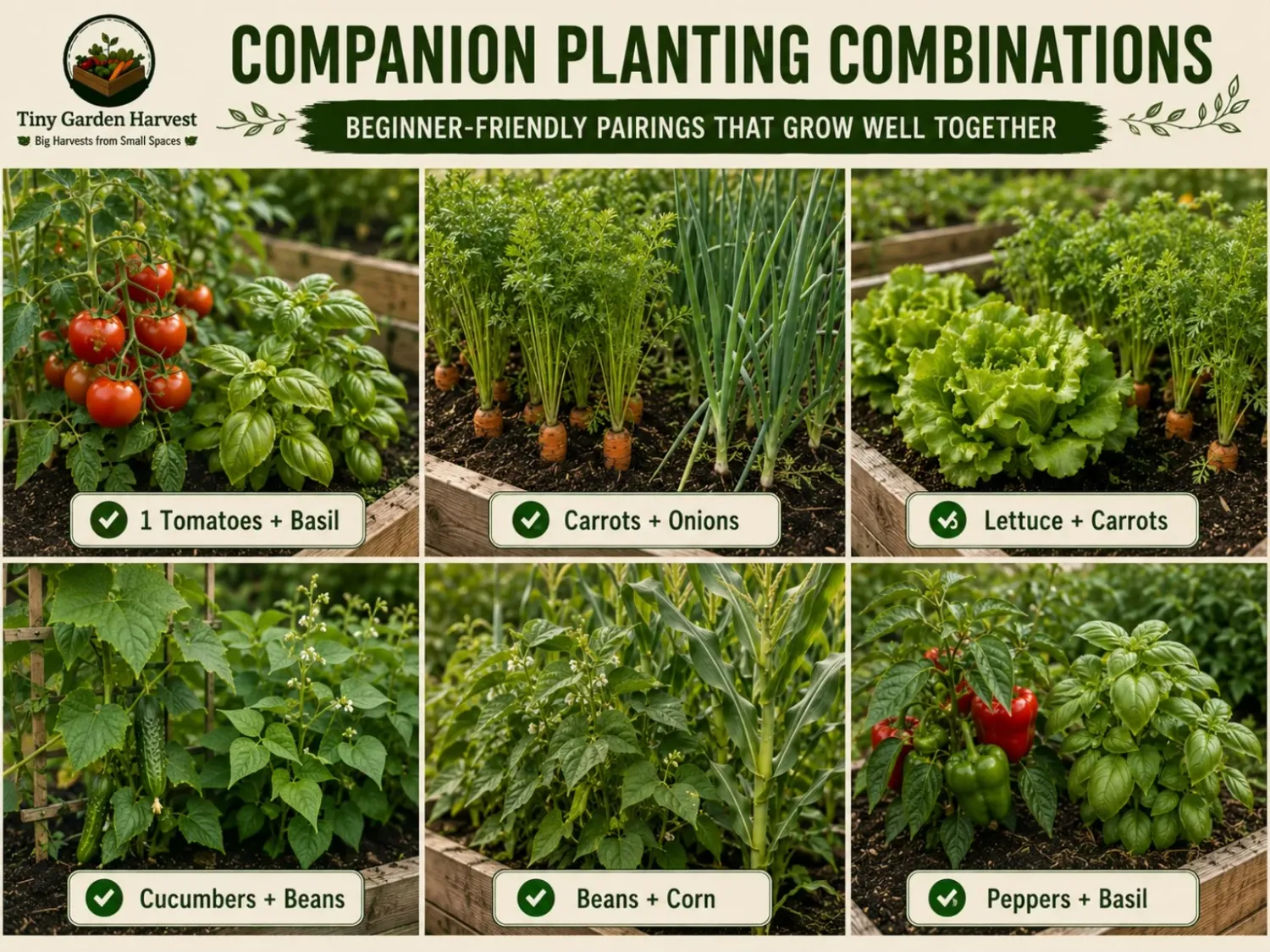 Beginner-friendly vegetable companion planting combinations including tomatoes and basil