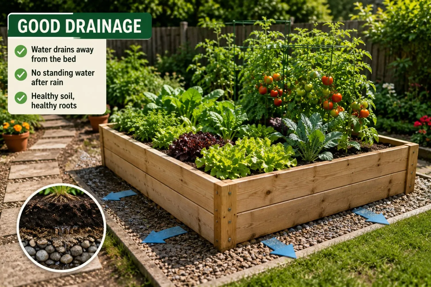 Raised garden bed positioned on well-drained ground without standing water