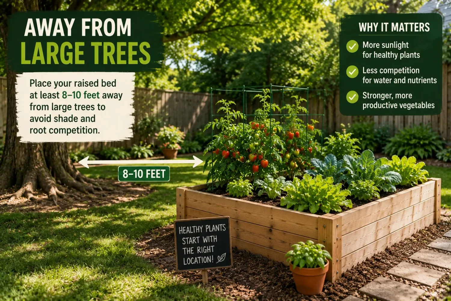 Raised garden bed placed away from large trees to provide more sunlight and growing space