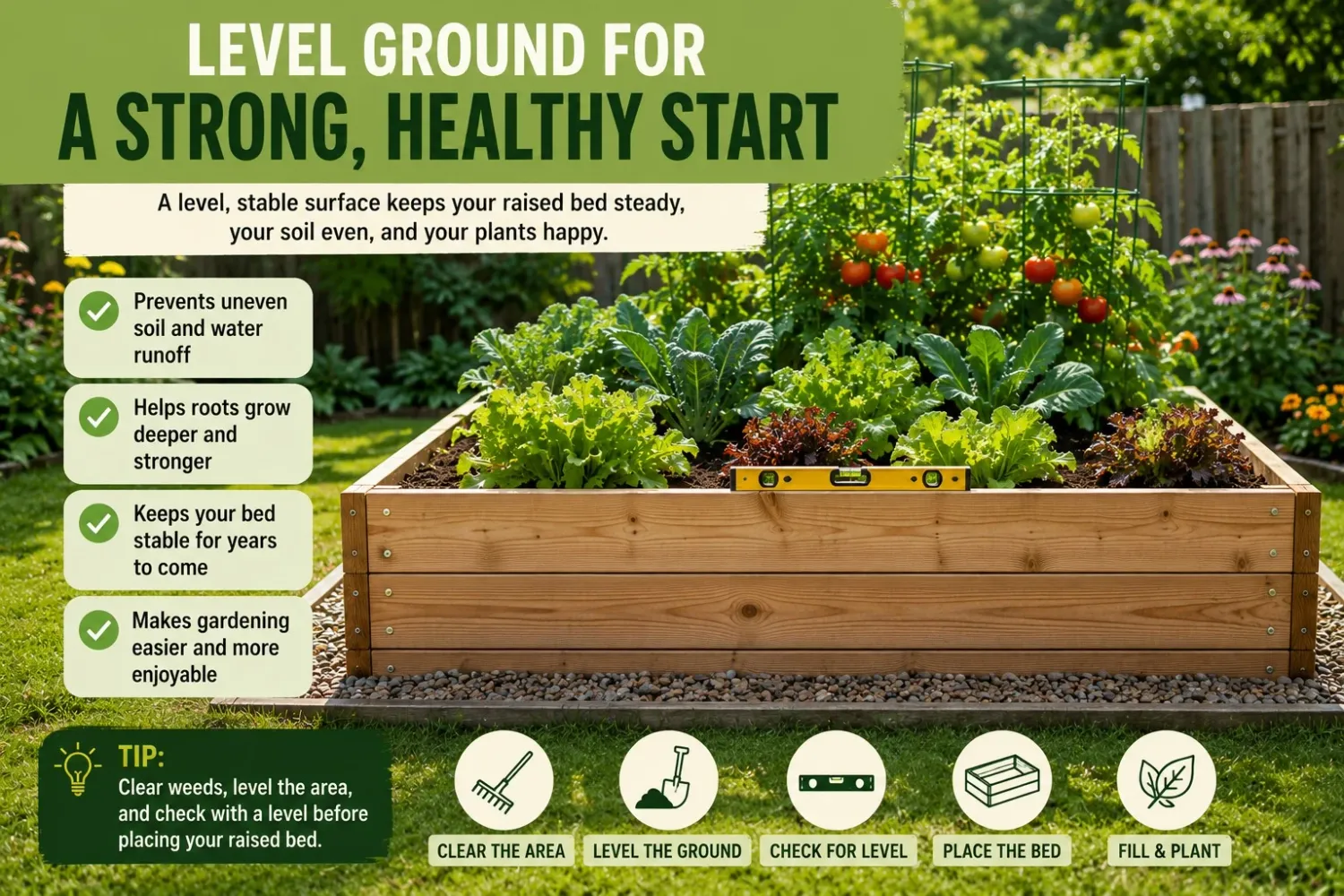 Raised garden bed sitting level on stable ground with an accessible garden path