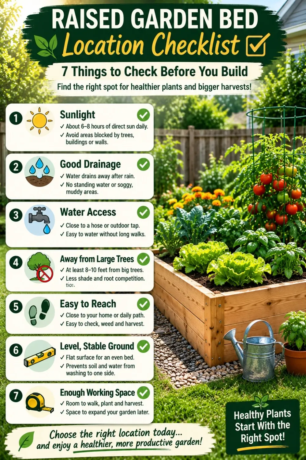 Raised garden bed location checklist showing sunlight, drainage, water access, trees, accessibility, level ground, and working space