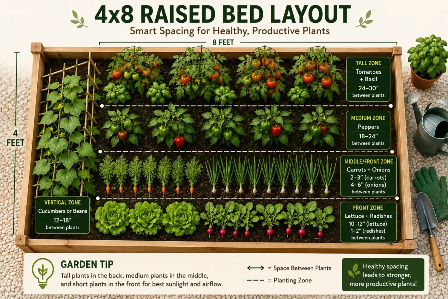 4×8 raised bed vegetable garden layout showing plant spacing and crop placement