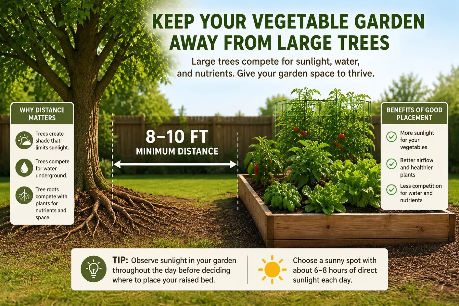 Raised garden bed placed away from large trees to receive more direct sunlight