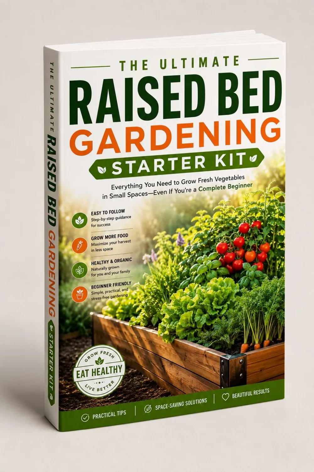 Raised bed gardening starter kit book cover with vegetable garden.