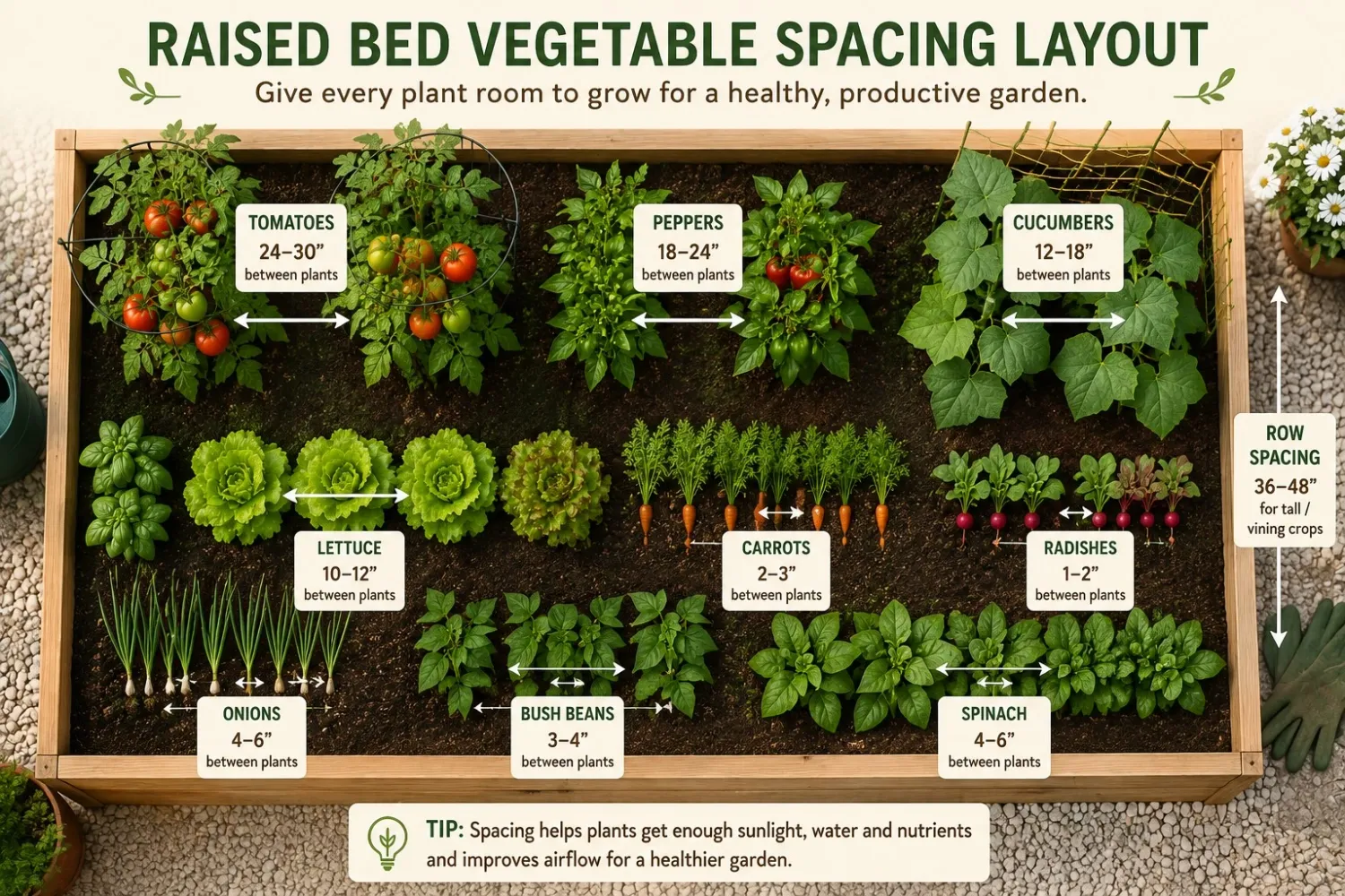 Raised bed vegetable spacing layout showing different crop spacing