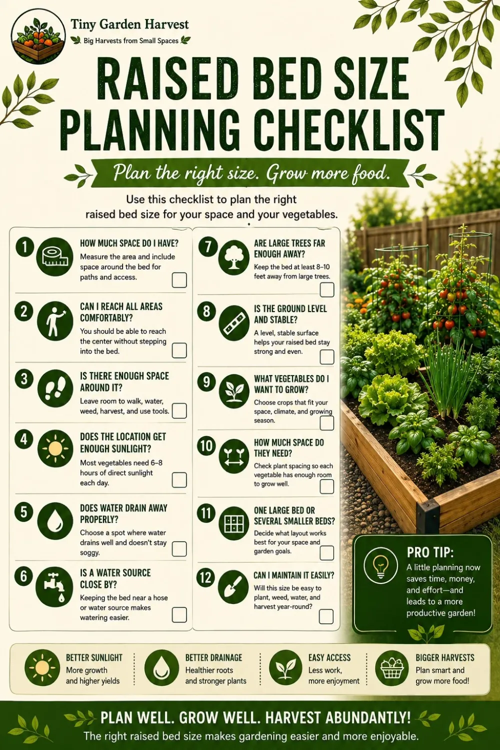 Raised bed size planning checklist for beginner vegetable gardeners