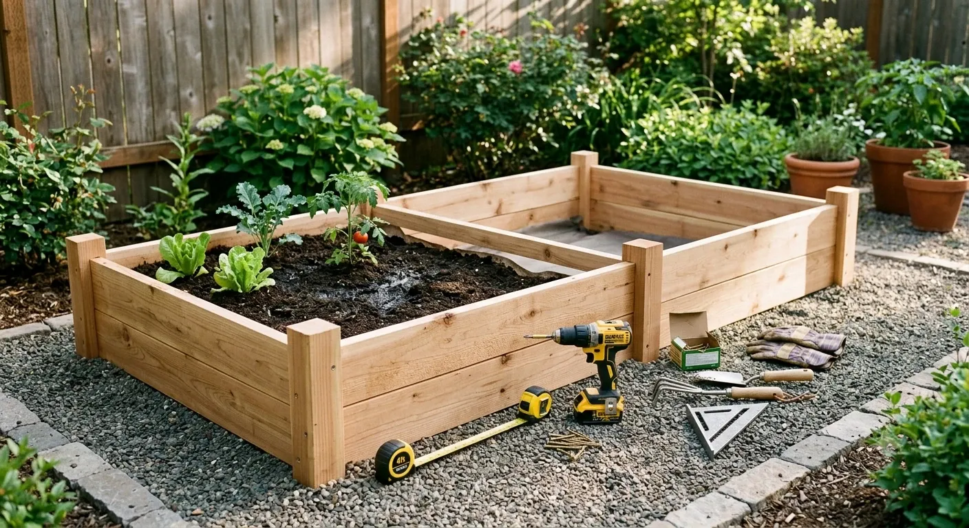 Custom-built wooden raised garden bed being prepared for vegetable planting