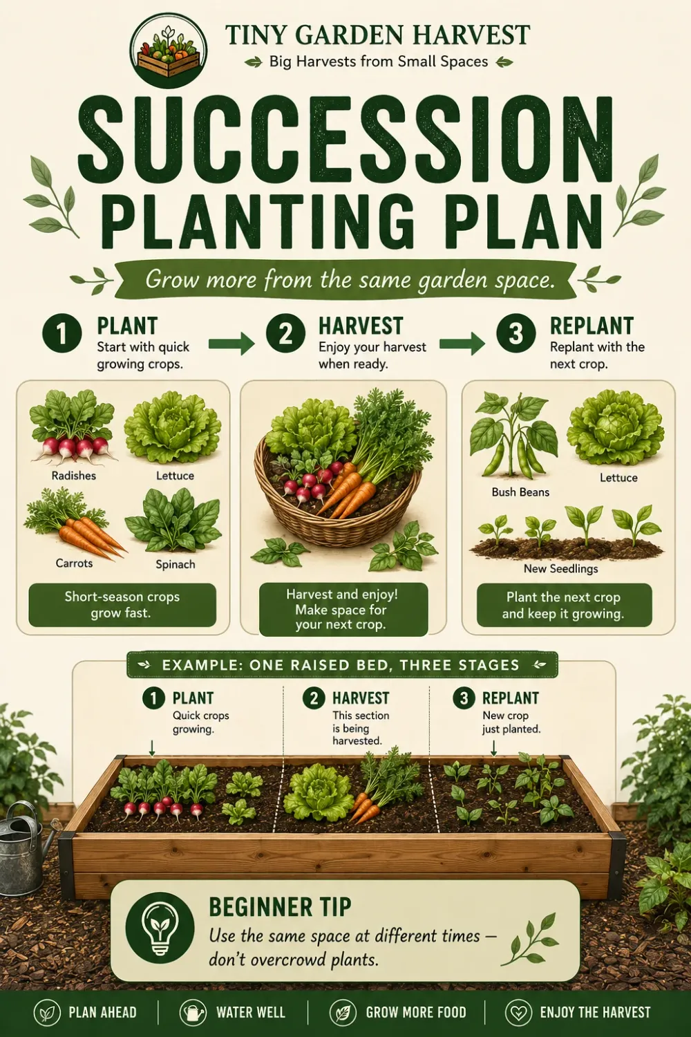 Simple succession planting plan showing plant, harvest and replant stages