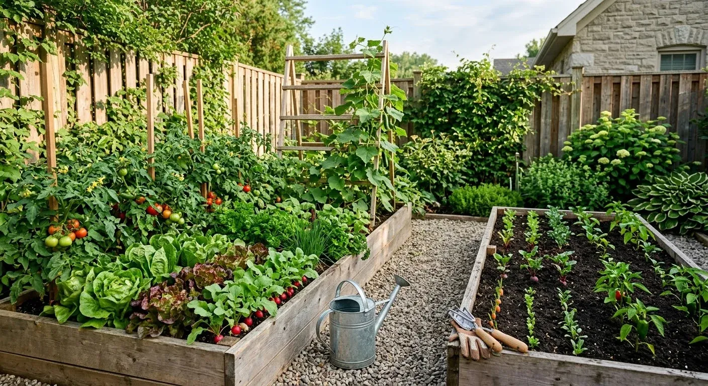 Small backyard vegetable garden using succession planting to maximize growing space