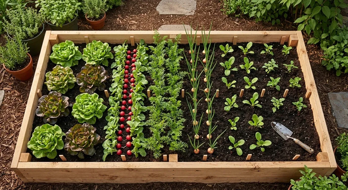 Vegetable garden showing proper spacing between succession planting areas