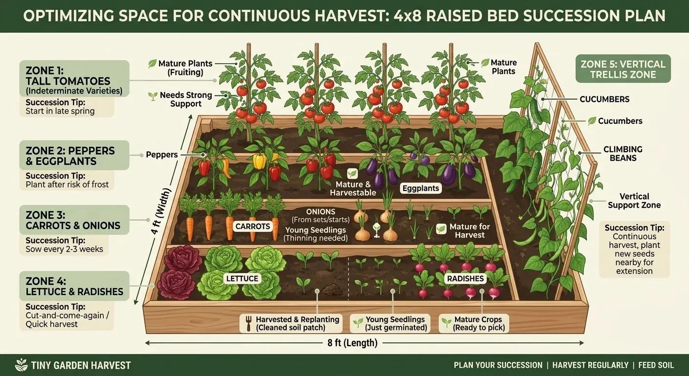 Raised bed divided into growing zones for succession planting