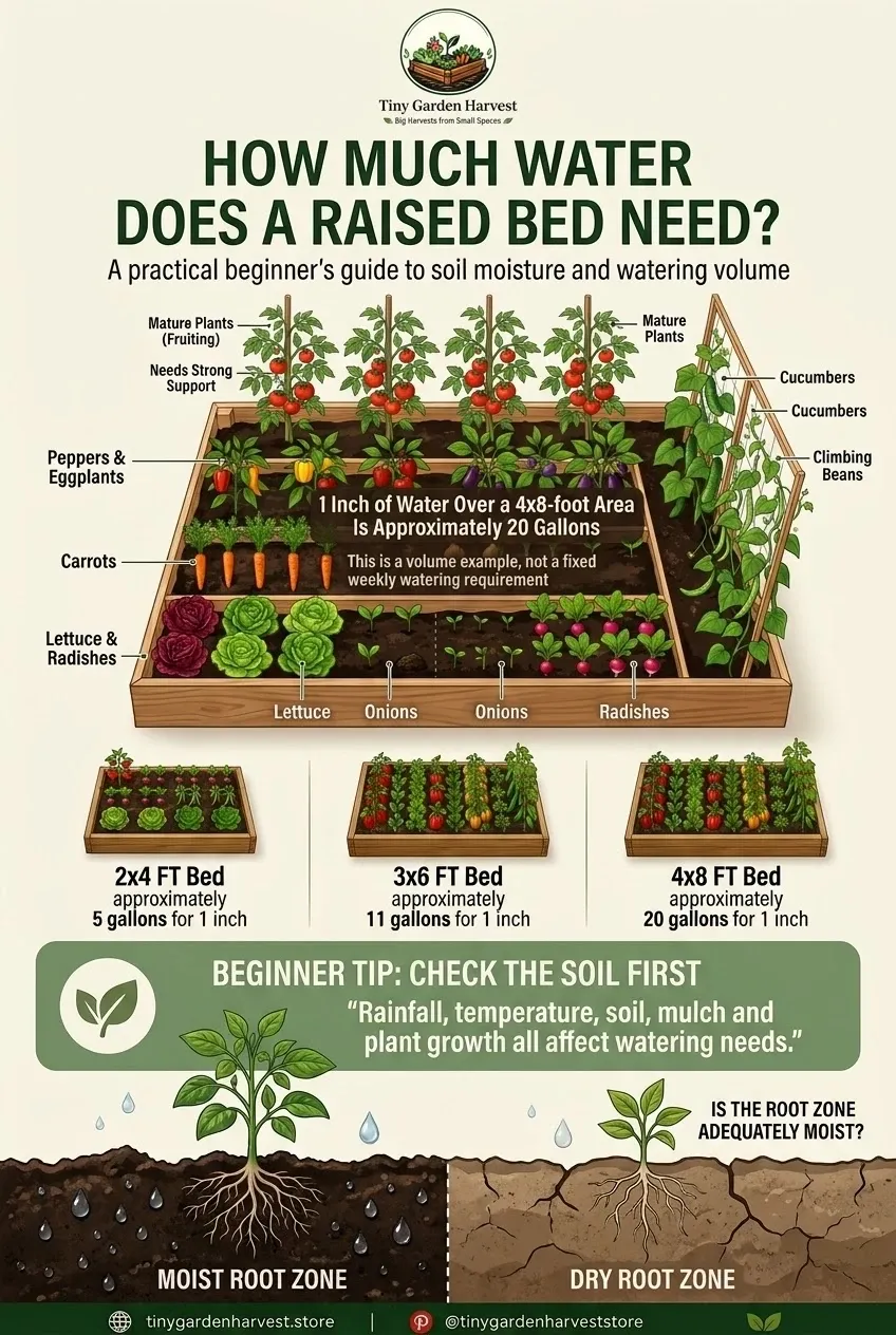 Raised bed watering guide showing soil moisture and water volume examples