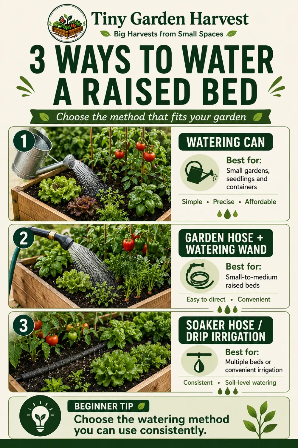 Comparison of watering can, garden hose and drip irrigation for raised beds