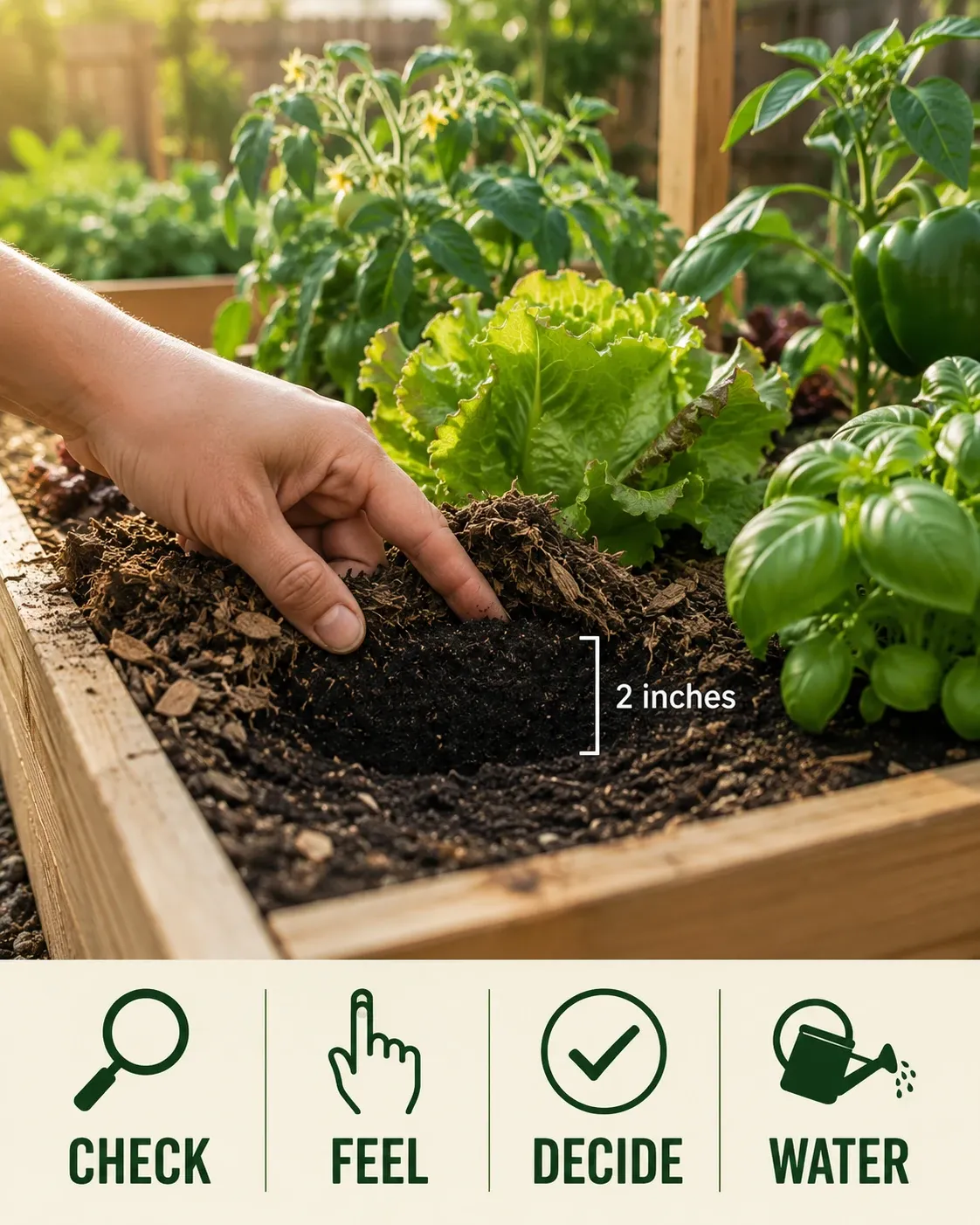 Checking soil moisture below the surface of a raised garden bed