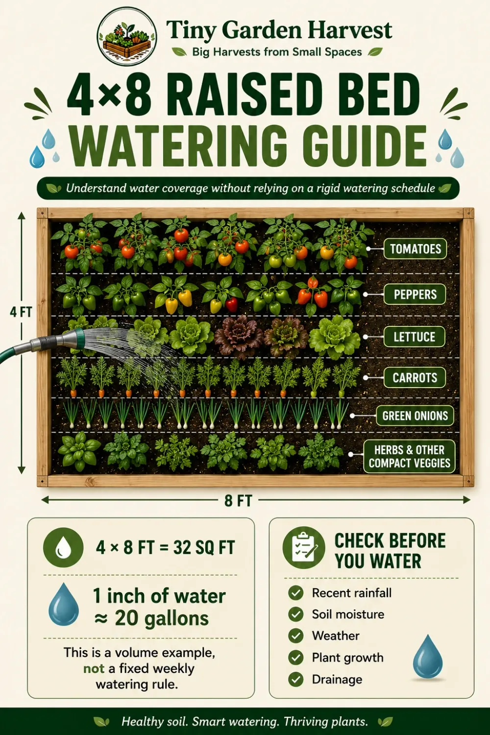 4×8 raised bed showing vegetable planting areas and watering coverage