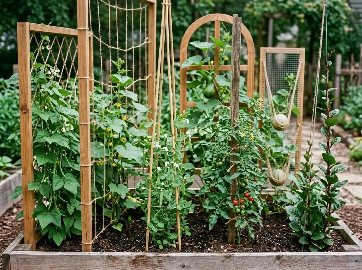 Vertical garden showing pole beans cucumbers peas tomatoes and other climbing vegetables