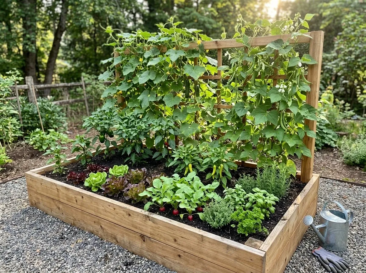 Raised bed layout with a vertical trellis zone and shorter vegetables planted in front