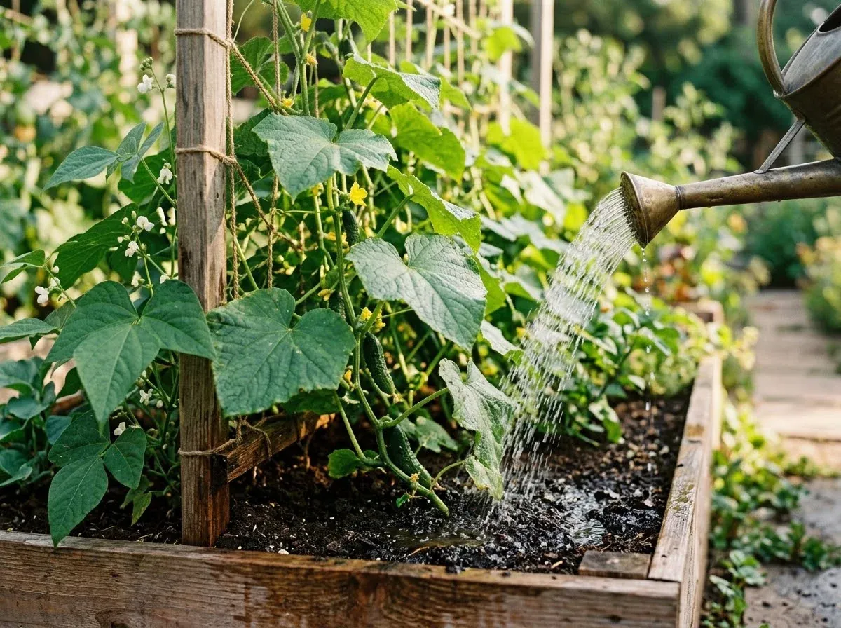 Watering vegetables growing on a trellis in a raised bed