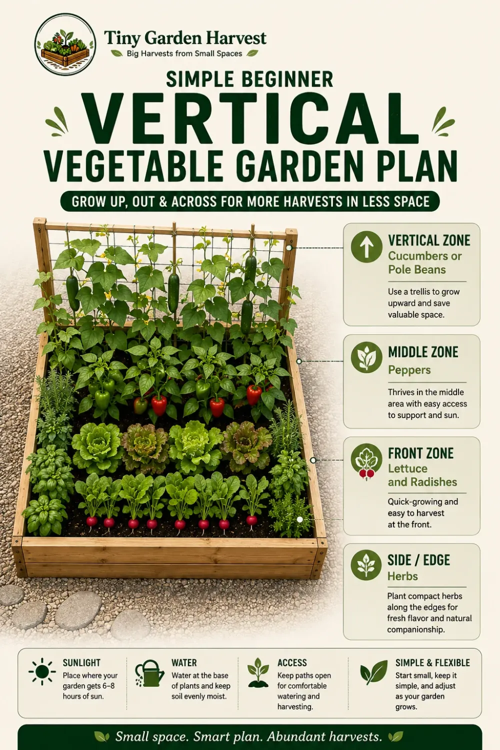 Beginner vertical vegetable garden plan with trellis crops and shorter vegetables