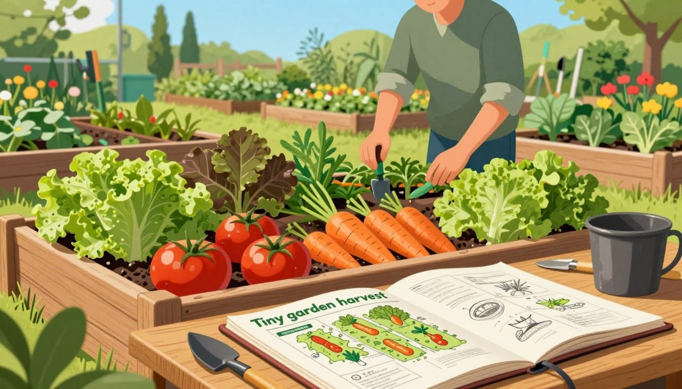 A vibrant and detailed illustration of a small vegetable garden planning scene, showcasing a raised bed design filled with lush, healthy vegetables like tomatoes, carrots, and lettuce. In the foreground, a wooden garden planner laid out on a table, with sketches and notes for optimal planting arrangements. In the middle ground, a gardener wearing modest casual clothing is thoughtfully examining a raised garden bed, surrounded by various garden tools. The background features a sun-drenched garden with rows of flourishing vegetables and colorful flowers, under a clear blue sky, casting warm, natural light on the scene. This harmonious atmosphere embodies productivity and growth, while prominently featuring the brand name "Tiny garden harvest".