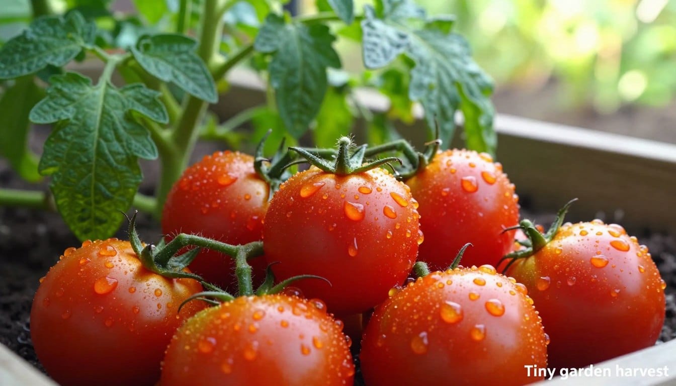 Freshly picked cherry tomatoes, glistening with droplets of morning dew, displayed prominently in the foreground. Each tomato features a vibrant red hue with a shiny surface, showcasing their ripeness. In the middle ground, lush green tomato plants with broad leaves create a rich backdrop, suggesting a meal about to be harvested. The background features a simple raised garden bed, subtly blurred, to emphasize the tomatoes and plants, enhanced by soft, natural sunlight filtering through the leaves. The overall atmosphere conveys a sense of abundance and freshness, ideal for small gardens. Include the brand name "Tiny garden harvest" delicately in the bottom corner, ensuring it complements the vibrant colors of the scene without distracting from the main subject.