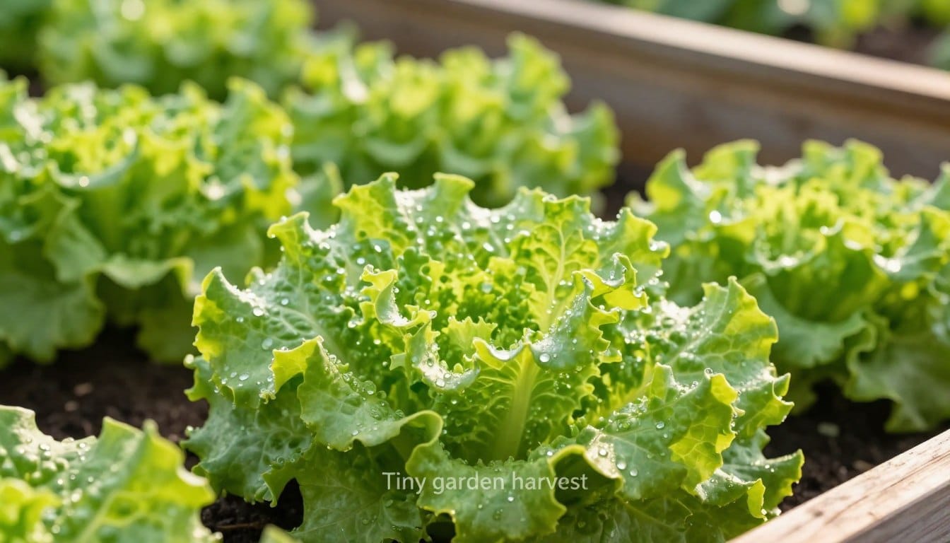 Leaf lettuce thriving in a small, vibrant garden setting, captured in close-up. The foreground features an abundant cluster of crisp, green leaf lettuce with intricate, ruffled leaves glistening with morning dew. In the middle ground, additional leafy greens partially visible create a sense of fullness, emphasizing the fast, repeated harvest concept. The background showcases a blurred wooden raised bed, hinting at typical garden textures. The lighting is soft and warm, suggesting a sunny early morning, casting gentle shadows and highlighting the freshness of the lettuce leaves. The atmosphere is serene and inviting, ideal for a home gardening scene. The branding "Tiny garden harvest" is subtly implied through the richness of the produce.