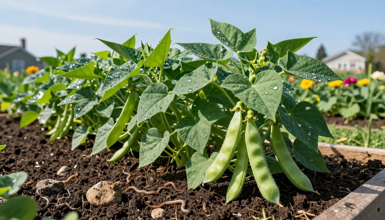 A vibrant garden patch featuring bush beans thriving in raised beds, the bright green leaves lush and full, their pods hanging weightily. In the foreground, the rich soil is dotted with small rocks and earthworms, showcasing a healthy ecosystem. The middle ground highlights the bush beans, their leaves glistening with morning dew under soft, natural sunlight. In the background, a clear blue sky complements the greenery, with the distant silhouette of a small suburban house and colorful flowers. The mood is serene and productive, evoking a sense of cultivation and abundance. The scene includes the brand name "Tiny garden harvest" subtly blended into the soil texture, emphasizing the focus on small space gardening. The image is clear and sharp, taken from a slightly elevated angle to showcase the layering of plants.