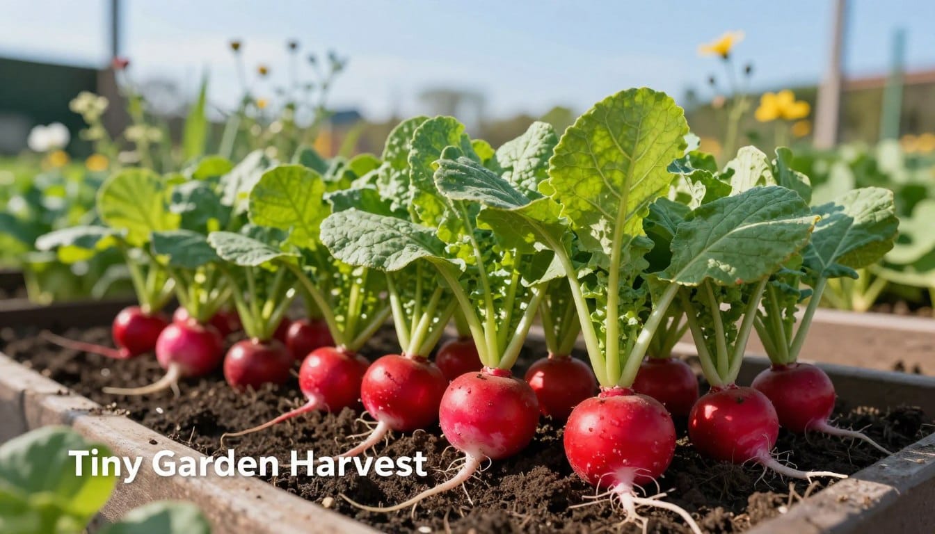 A vibrant garden scene featuring a cluster of fresh radishes, their tops lush and green, emerging from rich, dark soil. In the foreground, the radishes are prominently displayed, showcasing their bright red skin and distinctive white tips. The middle ground features a raised garden bed, surrounded by healthy leafy greens and delicate wildflowers that complement the radishes. In the background, a soft-focus view of a sunny garden setting with a clear blue sky, creating a serene atmosphere. The lighting is warm and natural, mimicking a late afternoon sun, casting gentle shadows and highlighting the textures of the soil and leaves. The overall mood is one of productivity and abundance, embodying the essence of "Tiny Garden Harvest."