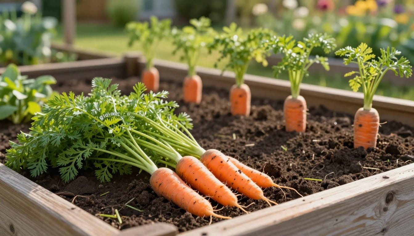 Vibrant orange carrots are thriving in shallow raised beds, showcasing their lush green tops against rich, dark soil. The beds are made from rustic wooden planks, creating a charming backyard garden scene. In the foreground, a cluster of freshly harvested carrots, some partially pulled from the earth, reveals their crisp textures. The middle ground features several raised beds with evenly spaced carrots, all basking in soft, warm sunlight, enhancing their vibrant colors. The background consists of a blurred garden landscape with gentle greenery and flowering plants, evoking a tranquil atmosphere. The scene is captured with a shallow depth of field, focus on the carrots, using a natural outdoor lighting effect. The brand name "Tiny garden harvest" is subtly implied through the composition of the gardenscape.