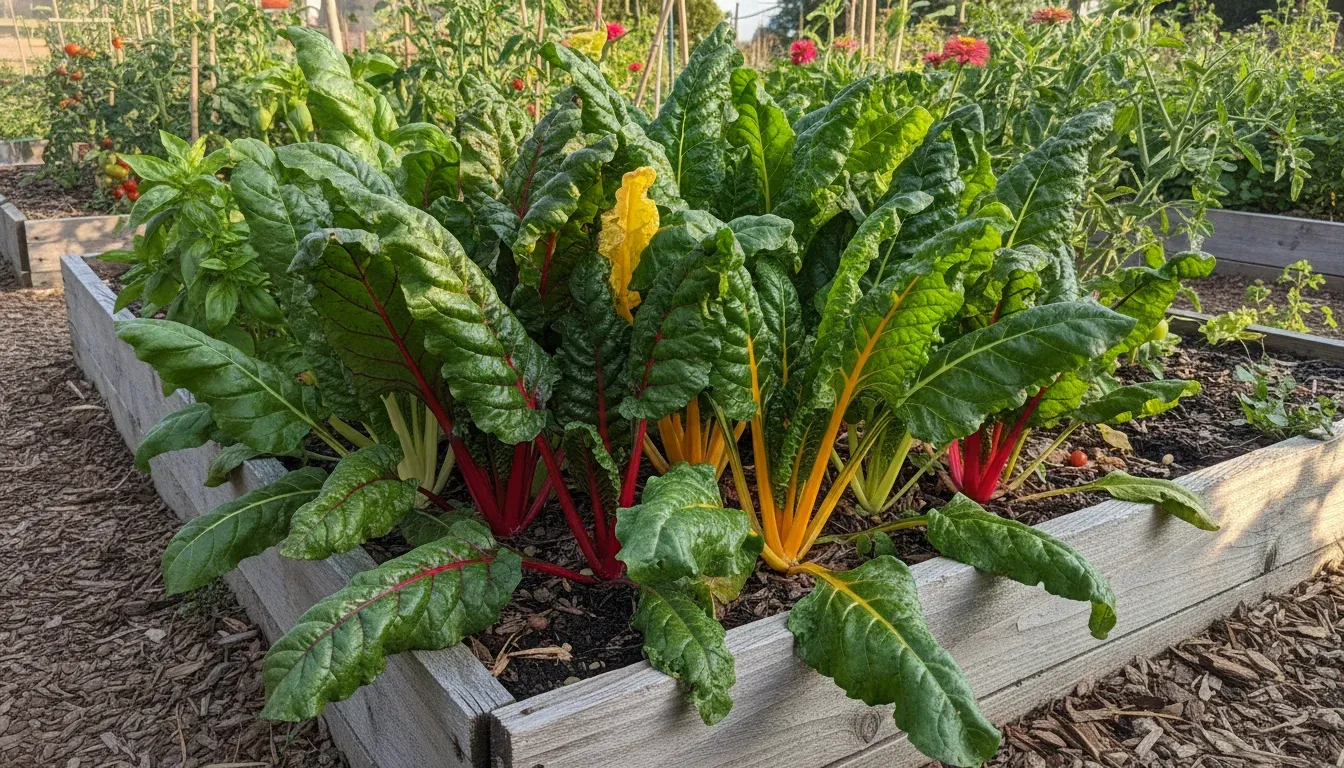 Swiss chard growing in a raised garden bed.