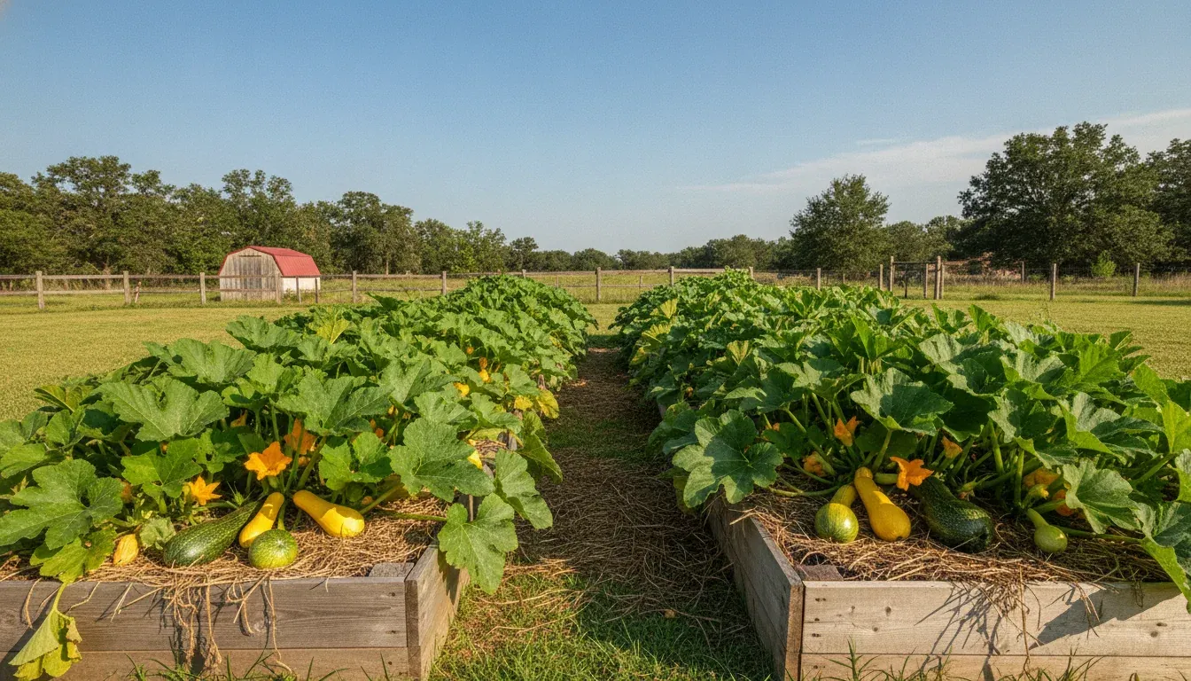 Summer squash growing in raised garden beds.
