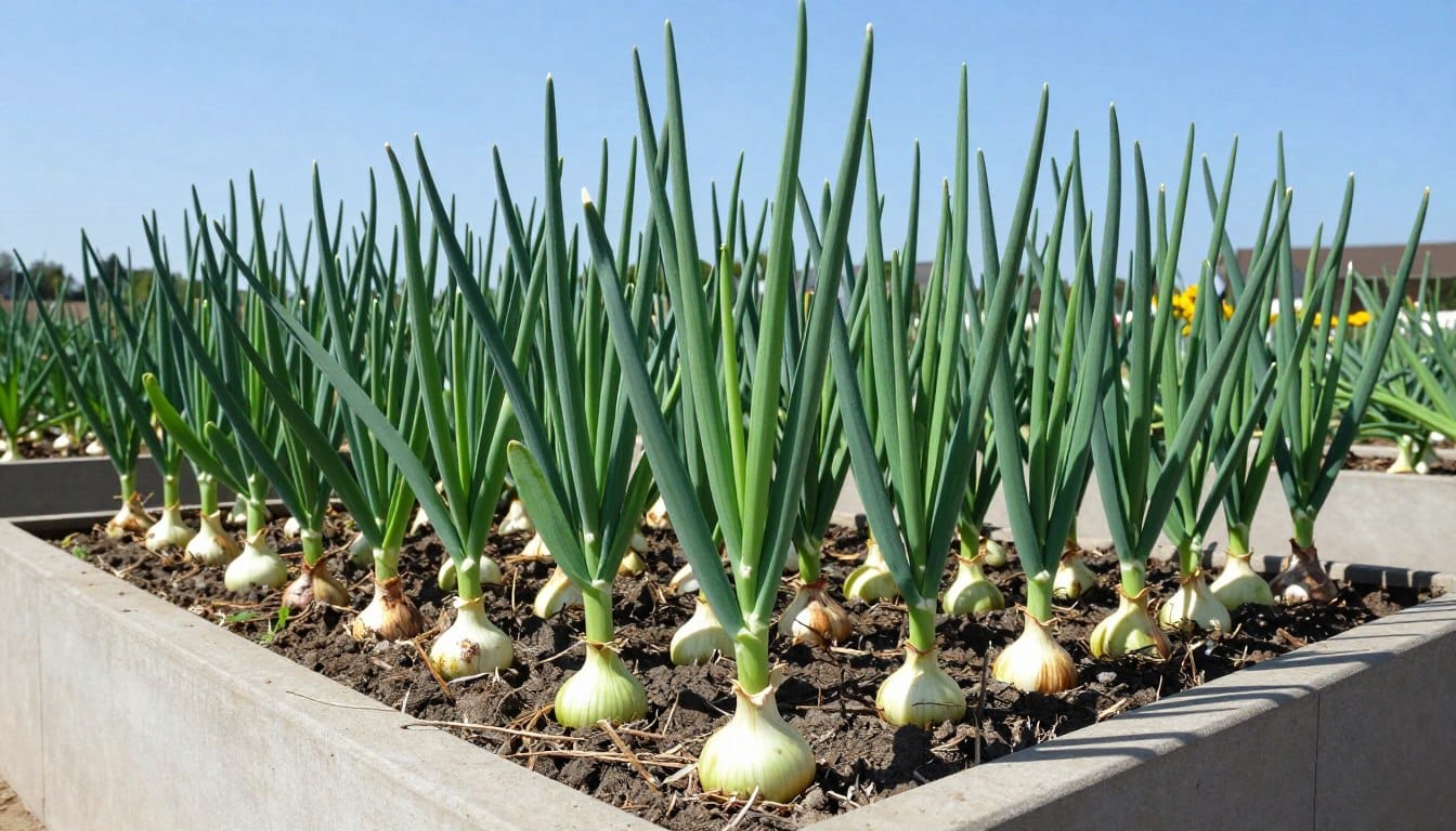 Green onion growing in raised garden beds.