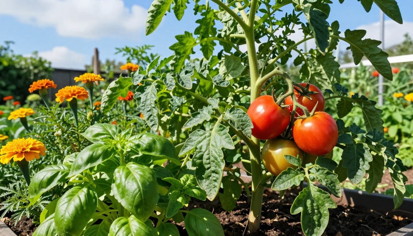 A vibrant garden scene focusing on a lush tomato plant thriving among companion plants. In the foreground, rich green foliage of basil and marigolds grows harmoniously alongside the tomatoes, showcasing their symbiotic relationship. The middle ground features a close-up of ripe, red tomatoes nestled among the vibrant green leaves, emphasizing their healthy growth. In the background, a sunny blue sky filters through with soft, natural light, illuminating the scene and casting gentle shadows, adding depth. The atmosphere is serene and thriving, reflecting the beauty and importance of companion planting—creating a visually appealing harmony between the plants. The angle is slightly elevated, providing a comprehensive view of the garden's flourishing ecosystem.