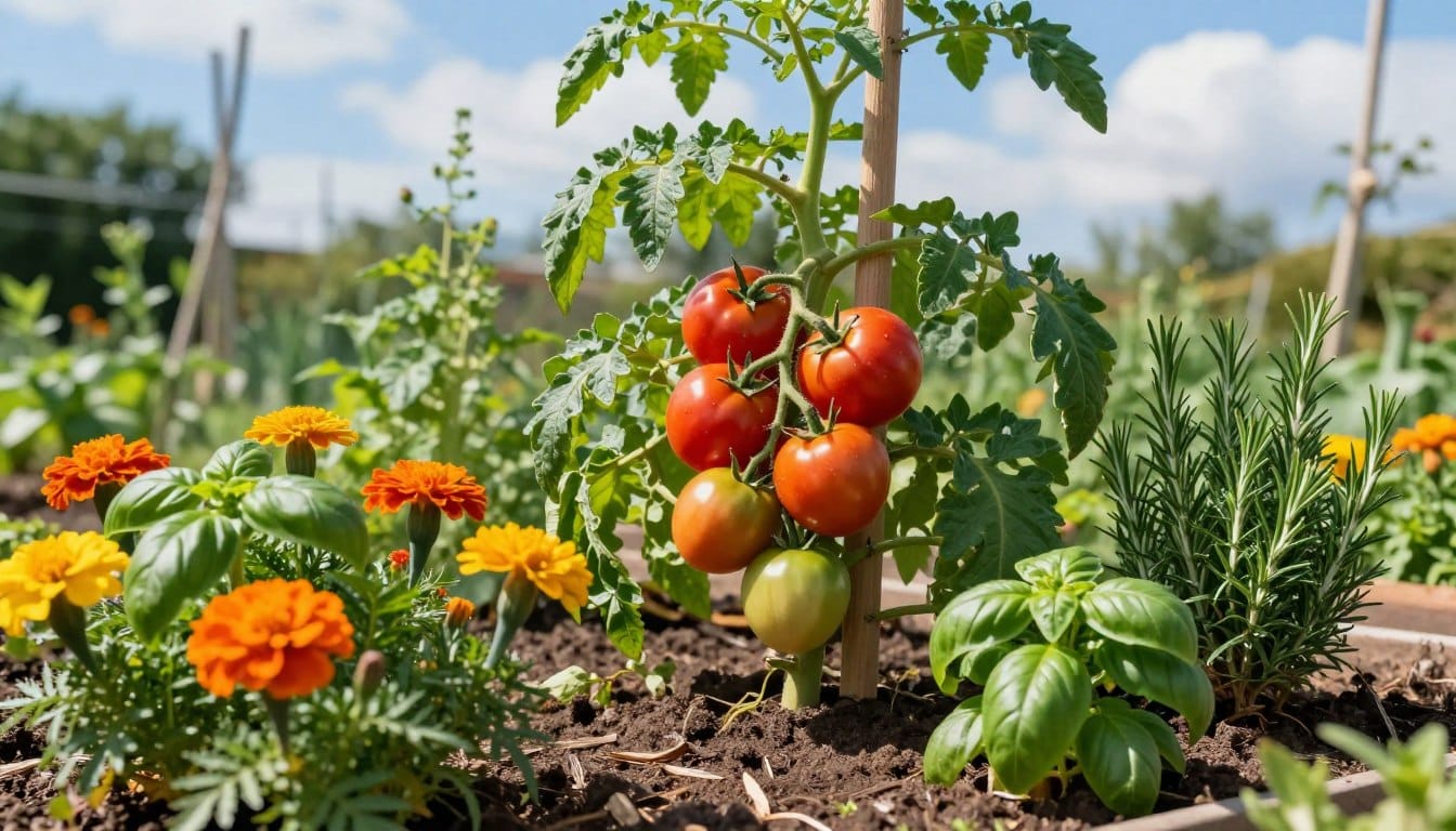 A vibrant garden scene showcasing a flourishing tomato plant surrounded by its companion plants. In the foreground, healthy, ripe tomatoes dangle from lush green vines, while marigolds with bright orange and yellow blooms, basil with fragrant green leaves, and aromatic rosemary are artfully arranged nearby. The middle ground features a wooden garden stake supporting the tomato plant, and a rich, dark soil enriched with organic mulch. In the background, a soft-focus view of a sunny, blue sky with wisps of clouds enhances the atmosphere of a warm, inviting summer day. The lighting is bright and natural, casting gentle shadows that accentuate the textures of the leaves and soil. Capture this scene at a slightly elevated angle to create depth while emphasizing the harmonious relationship between the plants. The mood is serene and bountiful, evoking a sense of gardening success and healthy growth.