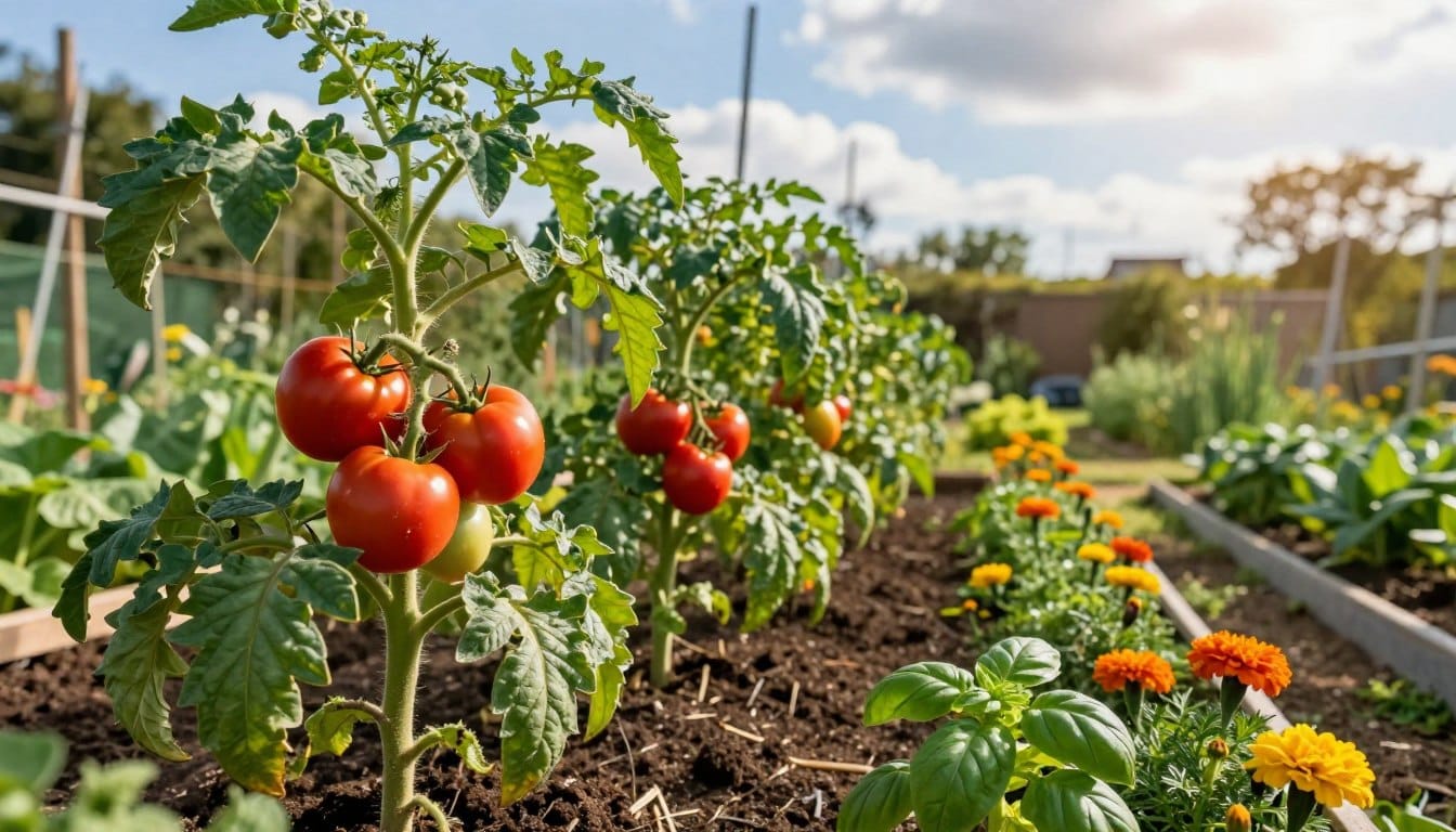 A vibrant community garden showcasing the growth of robust tomato plants, arranged in ideal spacing to promote health and flavor. In the foreground, lush tomato plants with ripe red fruits dangling among green healthy foliage, intertwined with companion plants like basil and marigolds. The middle ground reveals neat rows of vegetables, with soil beds rich in organic compost, demonstrating a thoughtful planting layout. In the background, a peaceful garden scene with a blue sky, soft sunlight filtering through a few clouds, casting gentle shadows. The atmosphere is cheerful and productive, evoking the joy of gardening. Shot with a close-up angle to highlight plant details, using natural lighting for a warm, inviting feel.