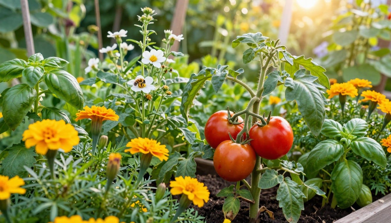 A vibrant garden scene showcasing an organic tomato plant thriving amidst various companion plants known for their pest control properties. In the foreground, healthy tomato plants with ripe, red tomatoes are surrounded by marigolds blooming brightly, their golden petals attracting beneficial insects. Interspersed are basil and parsley, lush and green, releasing their fragrant aroma. The middle ground features a bee pollinating a flowering companion plant, highlighting the role of good insects in pest management. In the background, sunlight filters through green foliage, casting a warm glow over the scene. The atmosphere is tranquil and uplifting, evoking a sense of harmony between plants and nature, shot from a low angle to emphasize the garden's lushness and vitality.